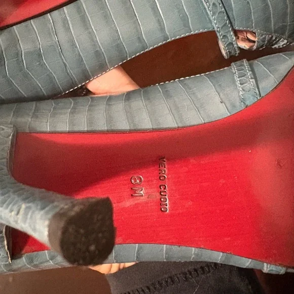 Tommy Hilfiger Blue Crisscross Heels with Pink Interior - Picture 8 of 12